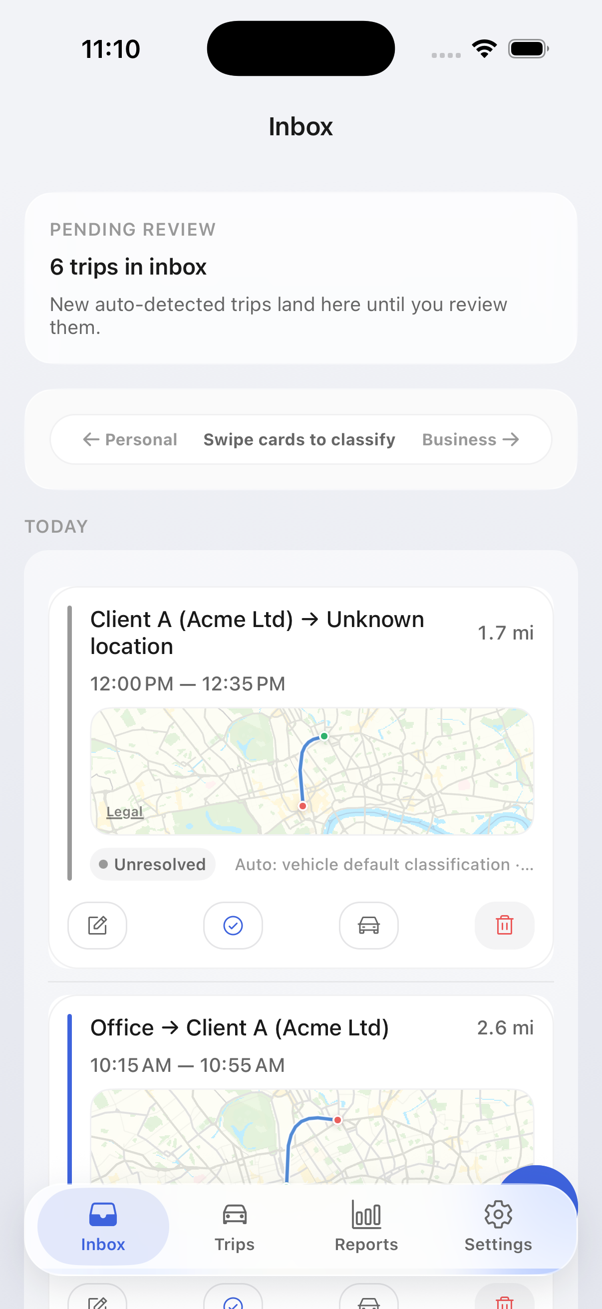 MileTrack Inbox with auto-detection, trip cards, and swipe classification actions